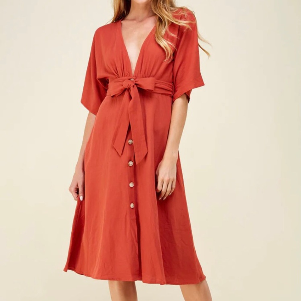 Cotton Belted Button Down Dress | Dolman Short Sleeves | Solid & Flare Skirt